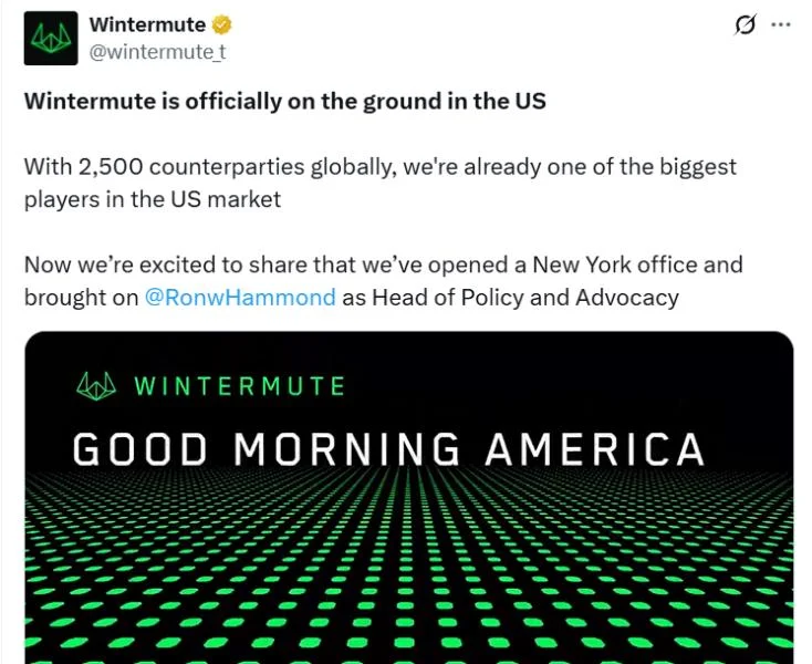 Wintermute opens New York office, citing improved US crypto rules