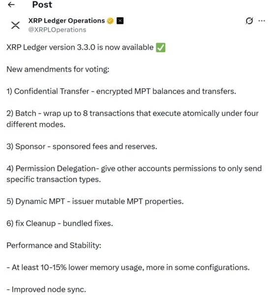XRP Ledger Launches Six-Amendment Vote, Unveils Major v3.3.0 Upgrade With Confidential Transfers and Institutional Tools
