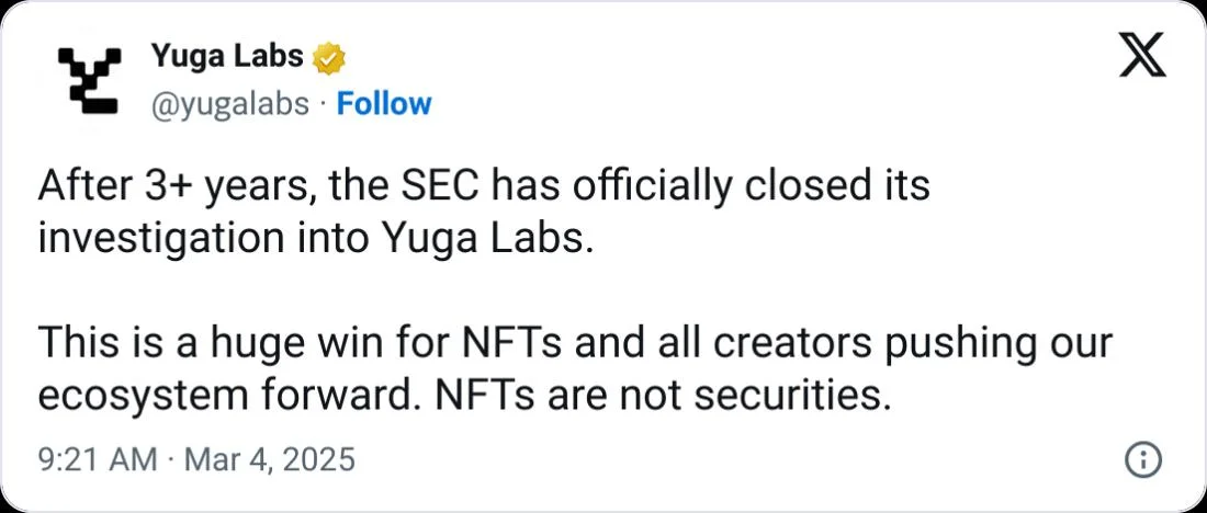 Yuga Labs says SEC has dropped its investigation into the NFT firm