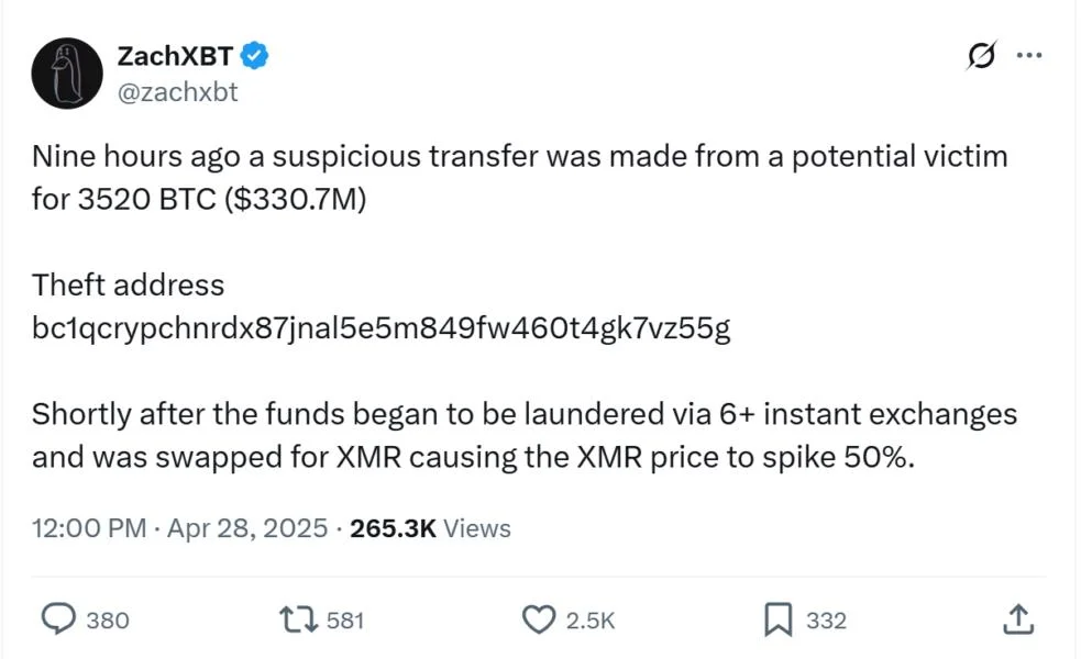 ZachXBT flags suspicious $330M Bitcoin transfer triggering Monero surge