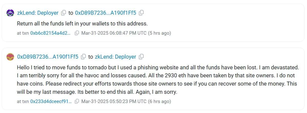 zkLend hacker claims losing stolen ETH to Tornado Cash phishing site