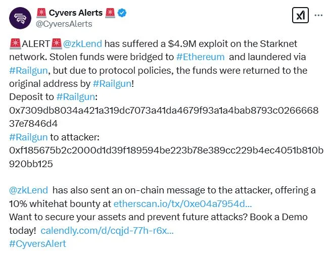 zkLend loses $4.9M in Starknet exploit, offers bounty to hacker