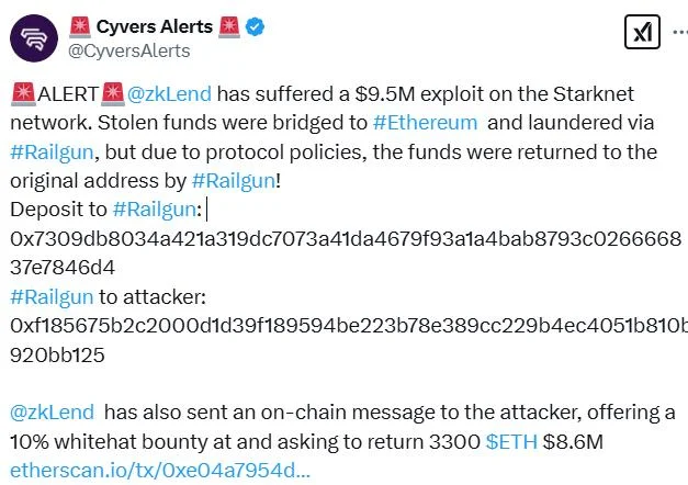  zkLend loses $9.5M in Starknet exploit, offers bounty to hacker 