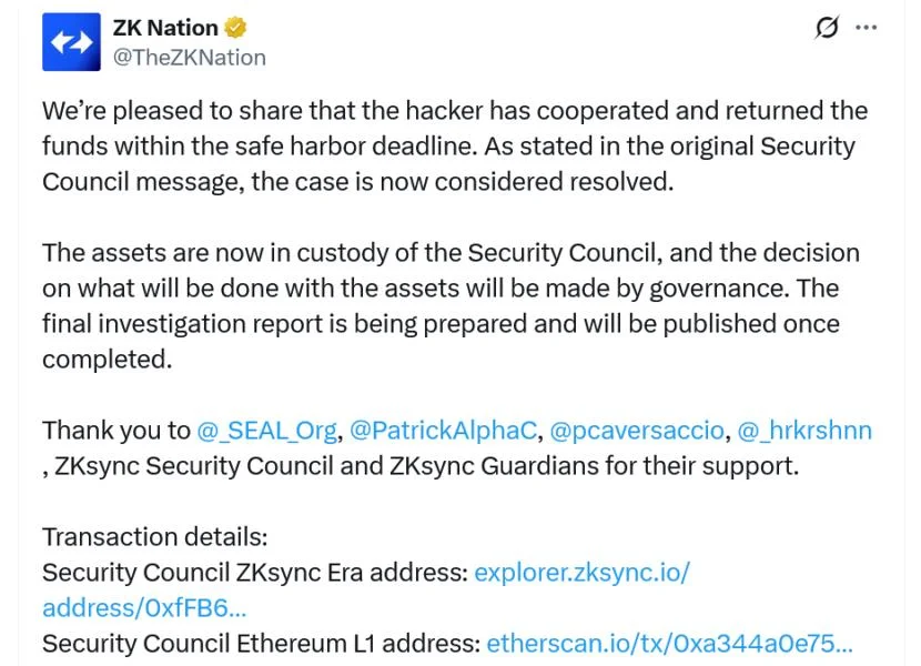 ZKsync recovers $5M of stolen tokens after hacker accepts bounty offer